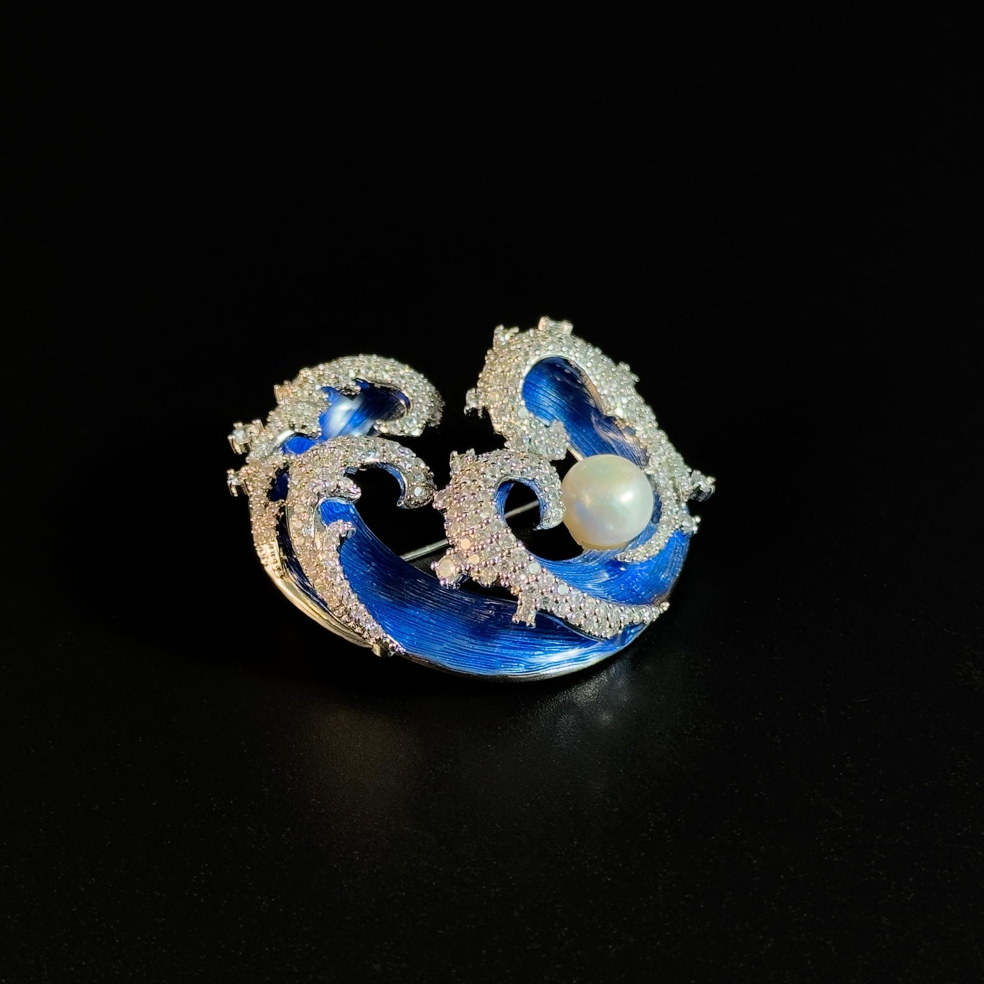Blue Enamel Wave and Pearl Brooch