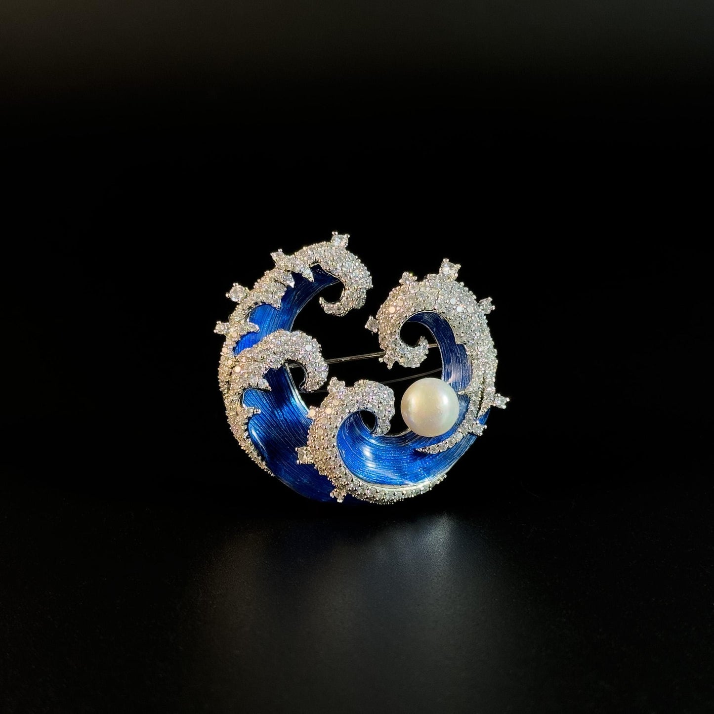 Blue Enamel Wave and Pearl Brooch