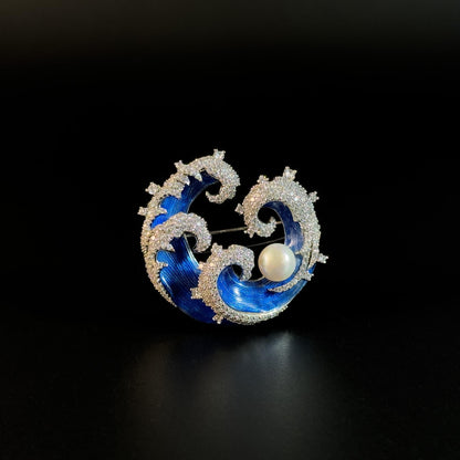 Blue Enamel Wave and Pearl Brooch