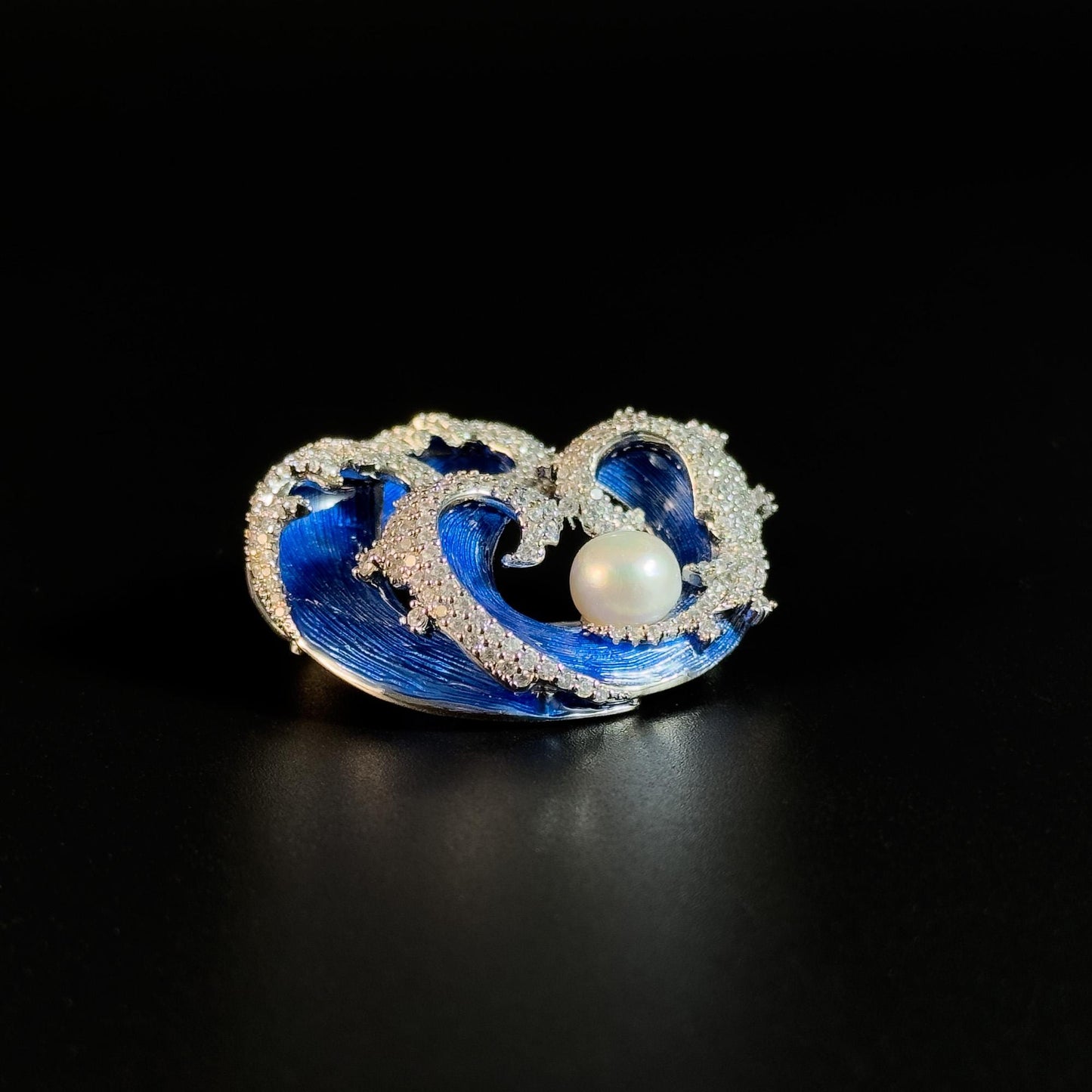 Blue Enamel Wave and Pearl Brooch