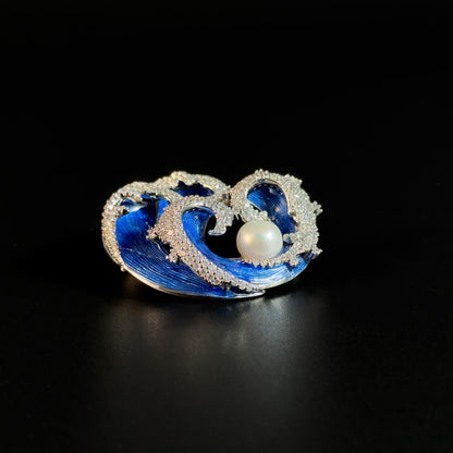 Blue Enamel Wave and Pearl Brooch