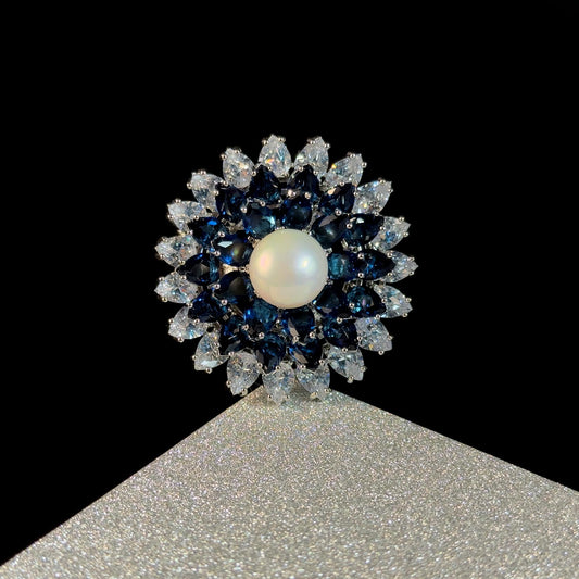 Blue Crystal and Pearl Brooch