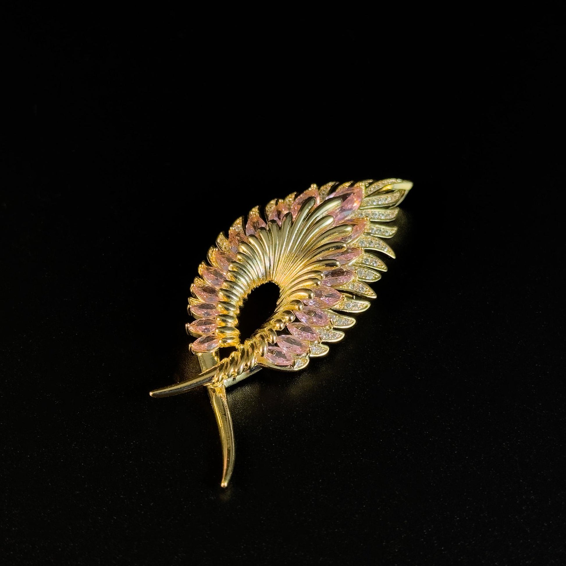 Gold Feather Brooch with Pink Zircon