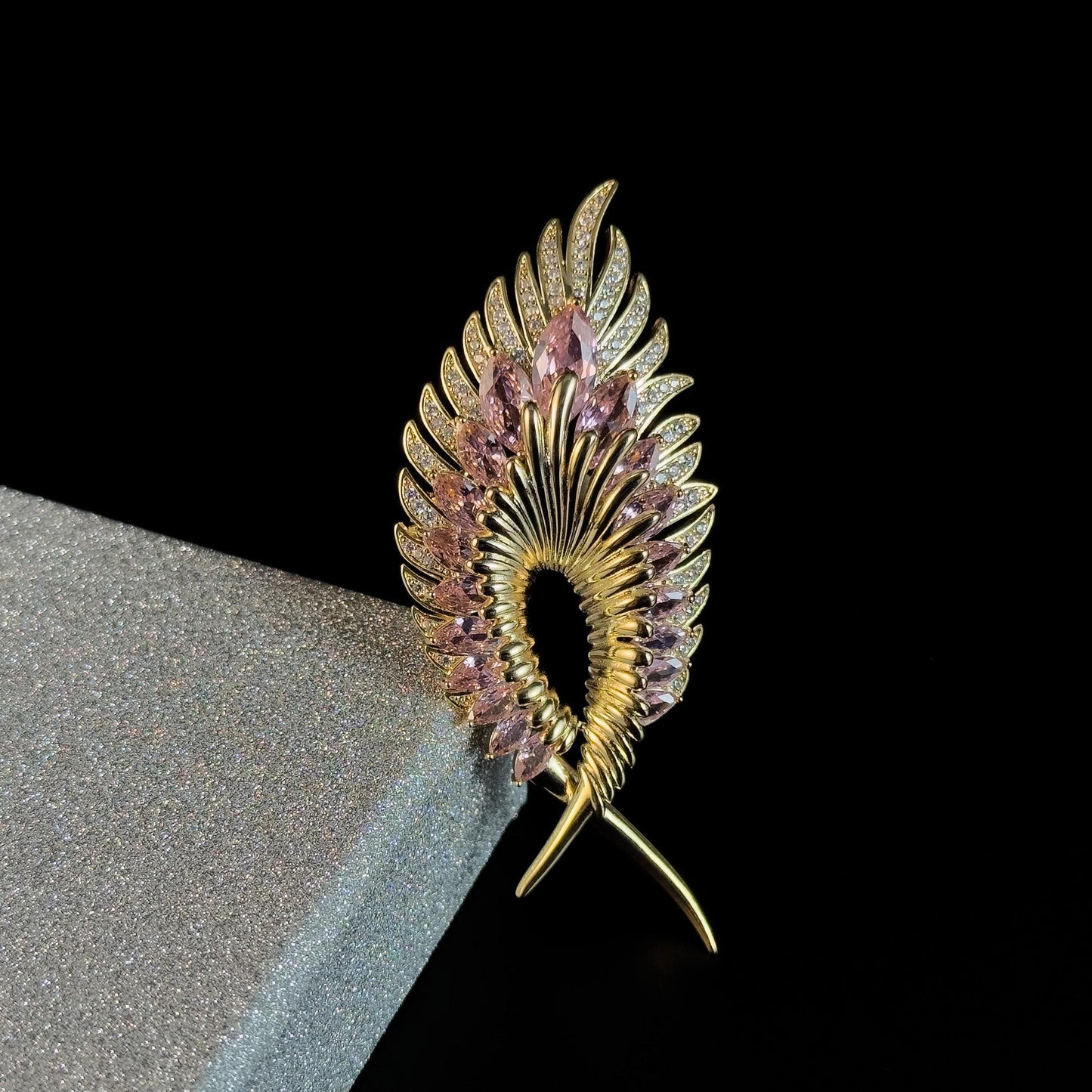 Gold Feather Brooch with Pink Zircon