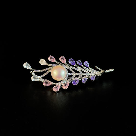 Pinkish-Purple Zircon Pearl Feather Brooch