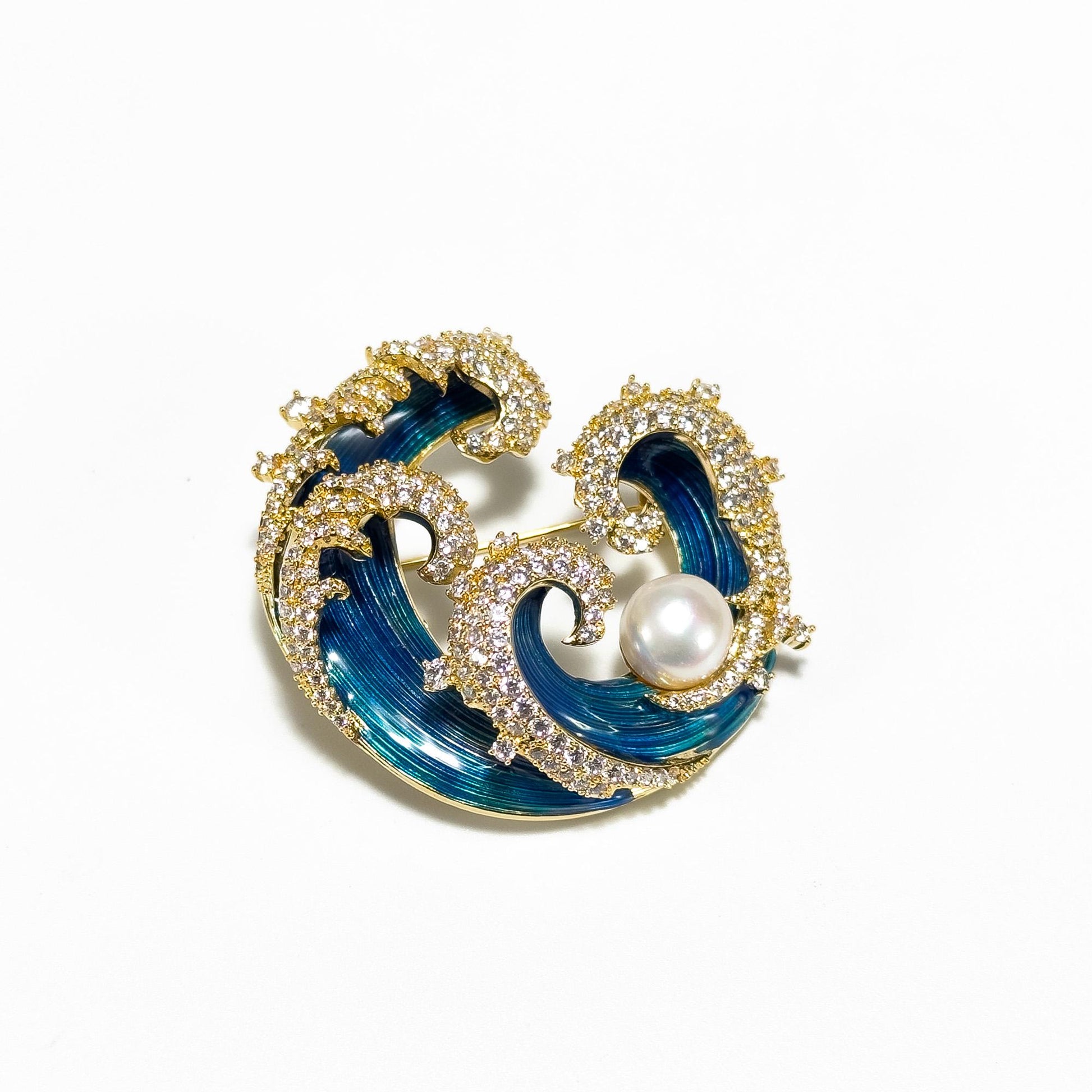 Blue Enamel Wave and Pearl Brooch
