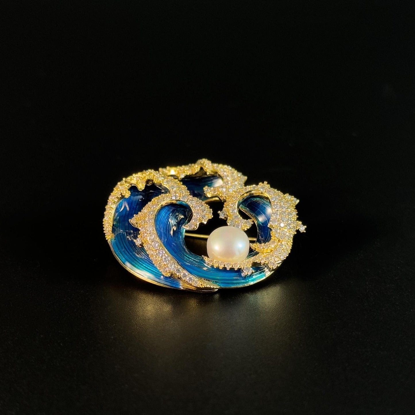 Blue Enamel Wave and Pearl Brooch