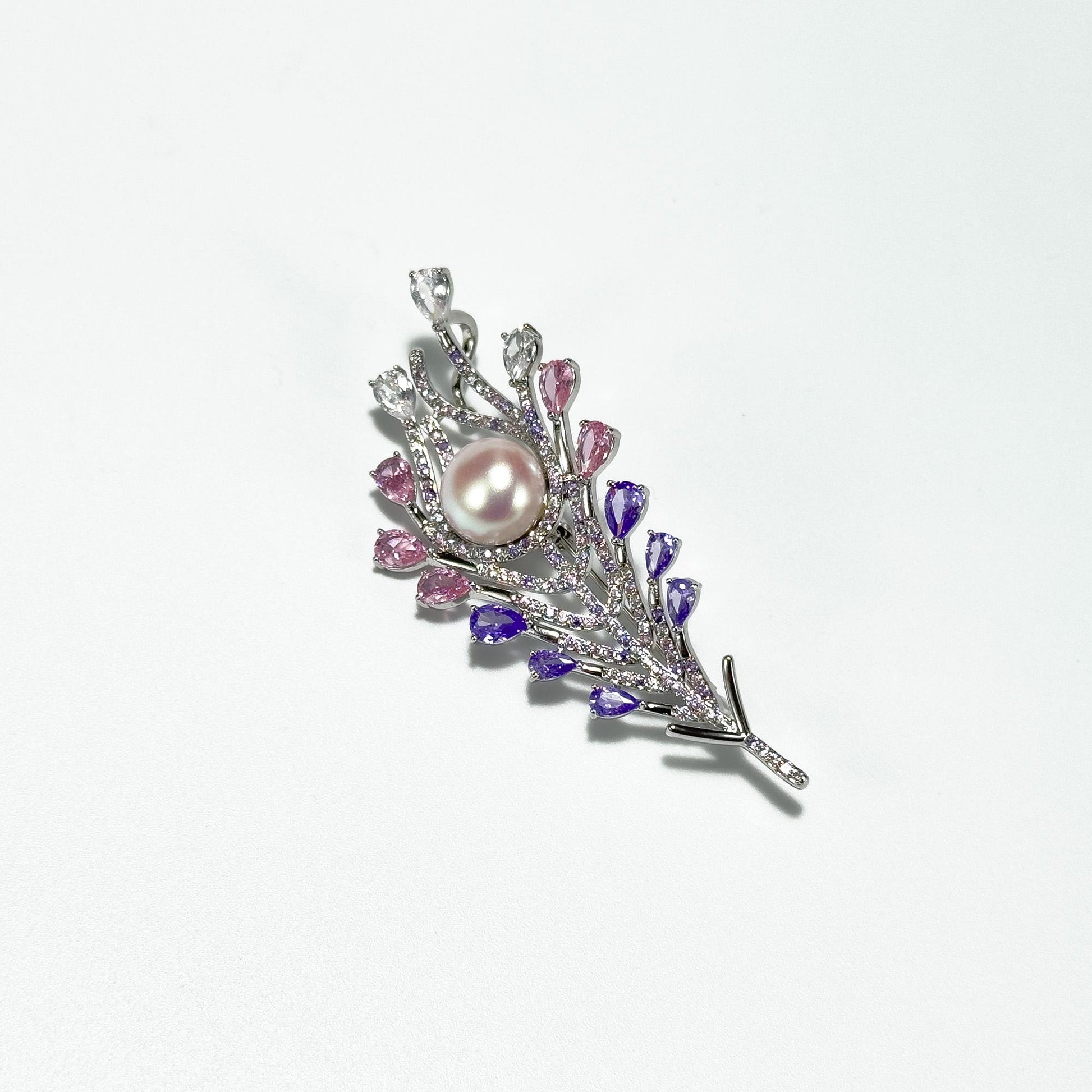 Pinkish-Purple Zircon Pearl Feather Brooch