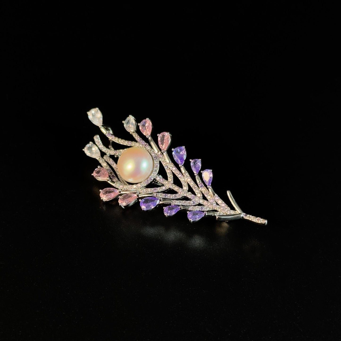 Pinkish-Purple Zircon Pearl Feather Brooch
