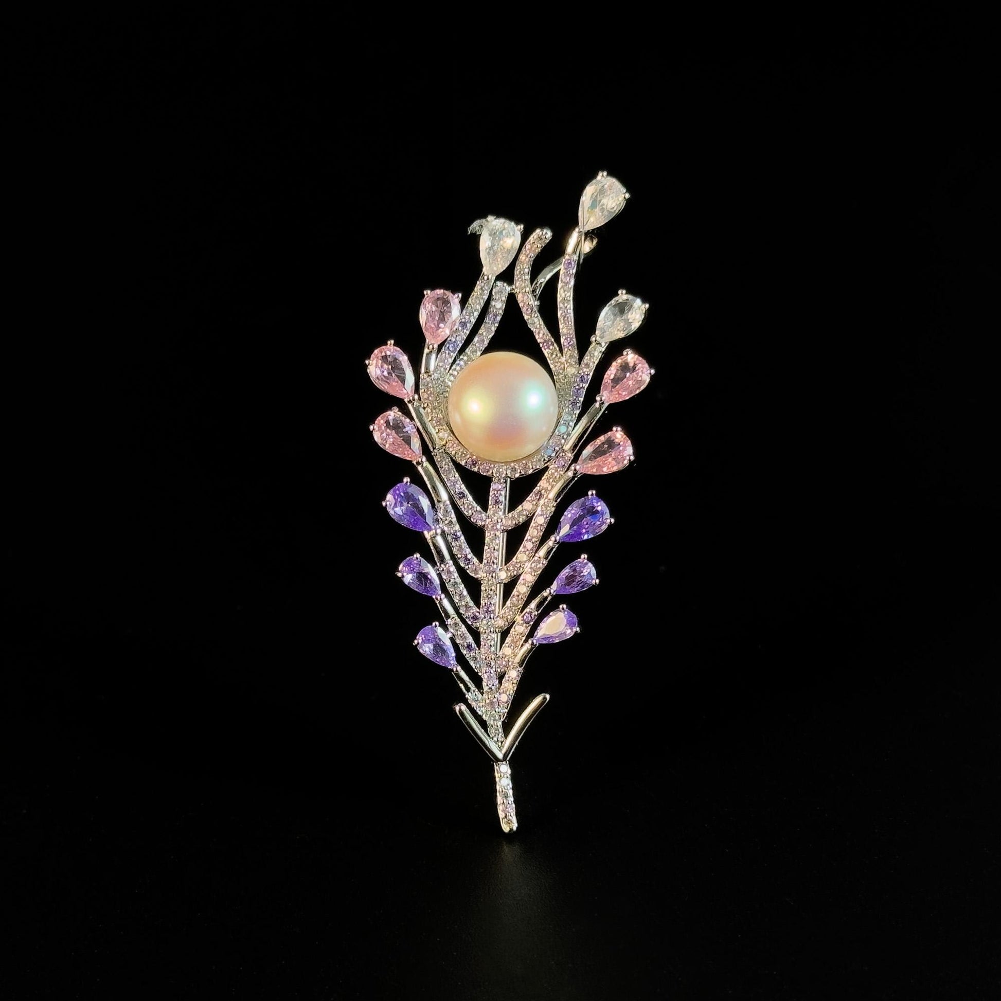 Pinkish-Purple Zircon Pearl Feather Brooch