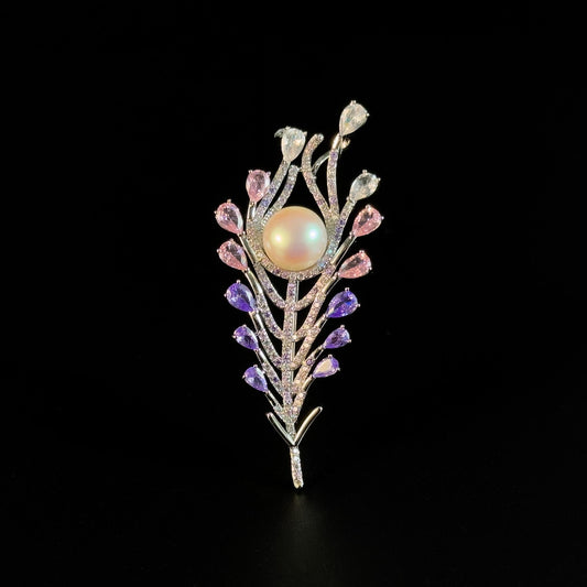 Pinkish-Purple Zircon Pearl Feather Brooch