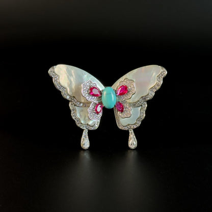 Turquoise and Mother-of-Pearl Butterfly Brooch