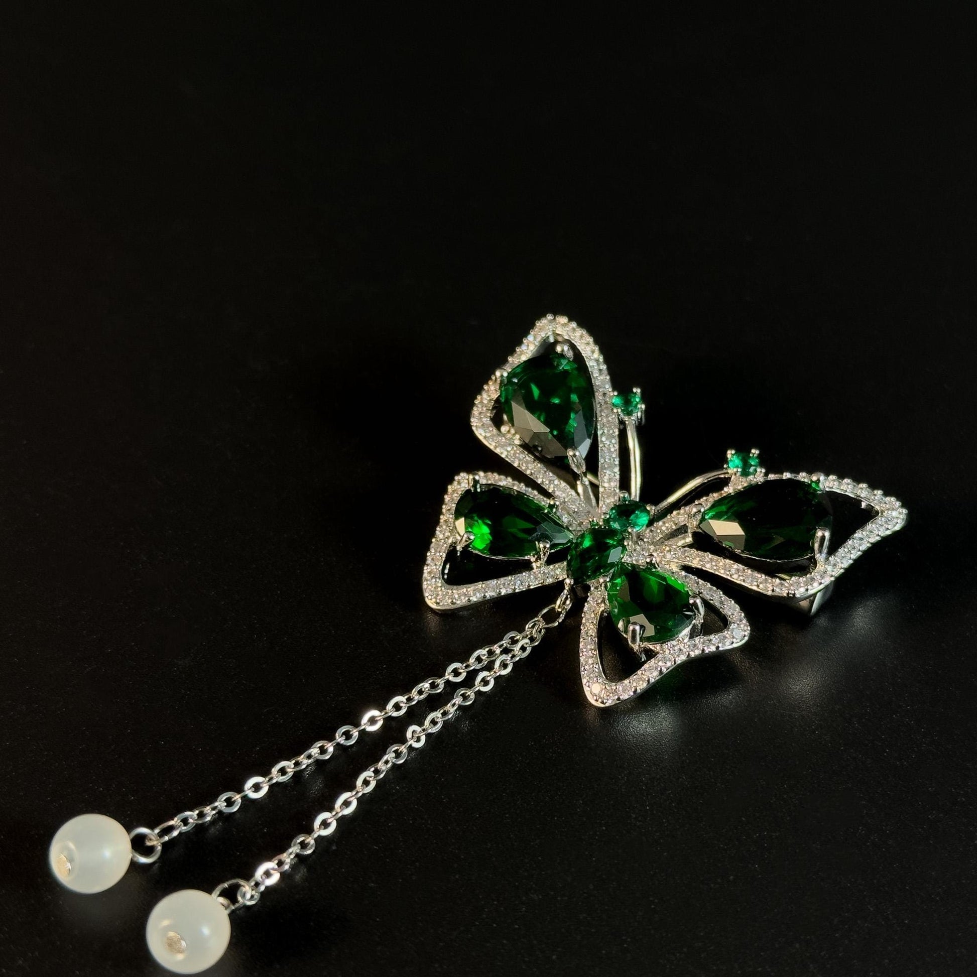 Green Butterfly Tassel Brooch