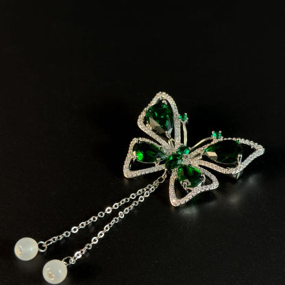 Green Butterfly Tassel Brooch