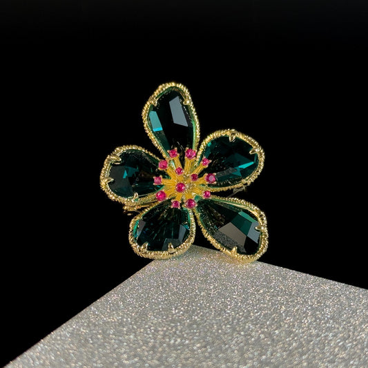 Pink Flower Stamen and Green Petals Brooch