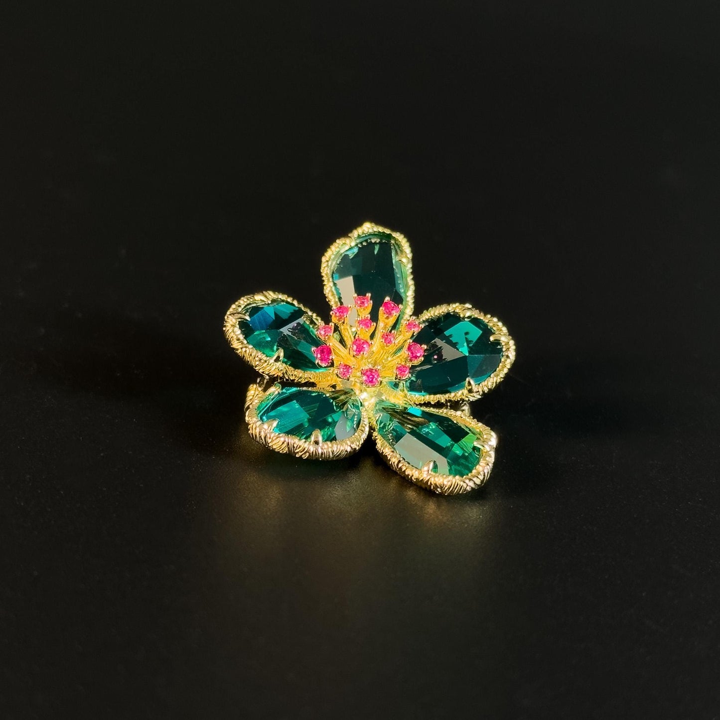 Pink Flower Stamen and Green Petals Brooch