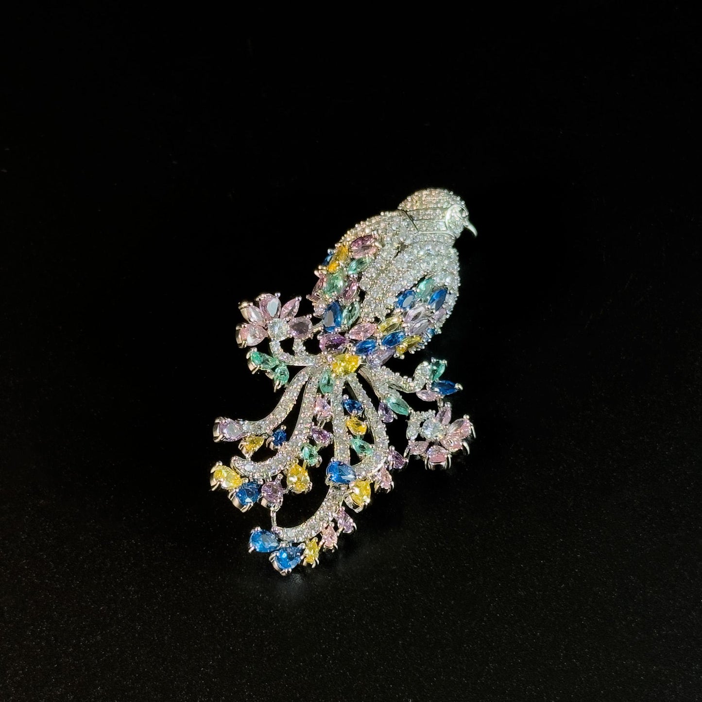 Colorful Long-Tailed Bird Brooch