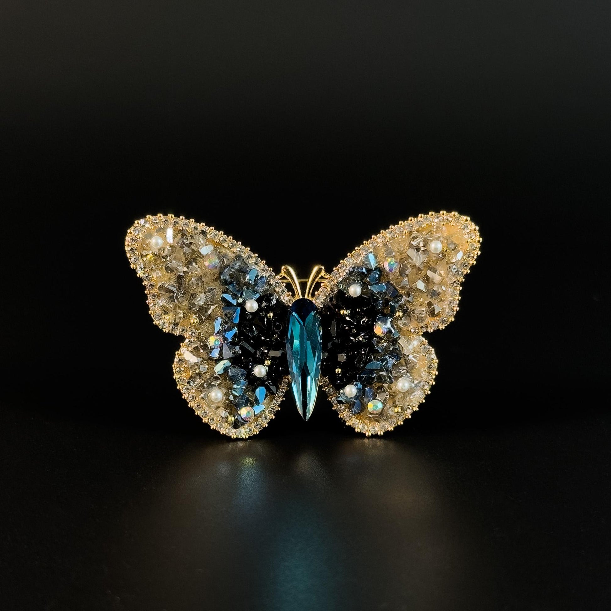 Blue and Gold Gradient Crystal Butterfly Brooch