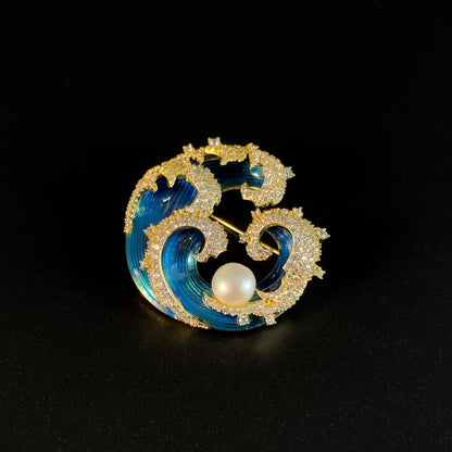 Blue Enamel Wave and Pearl Brooch