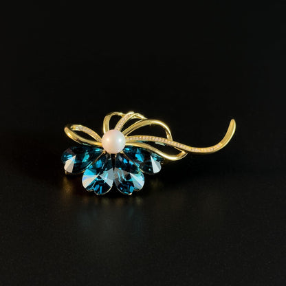 Luxurious Blue Crystal Pearl Flower Brooch