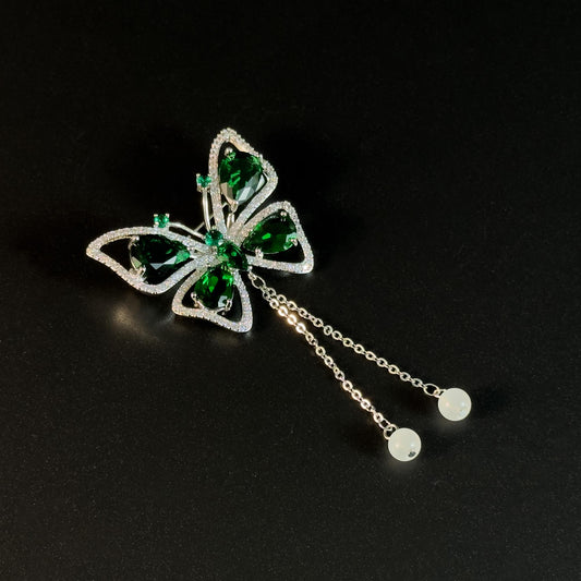 Green Butterfly Tassel Brooch
