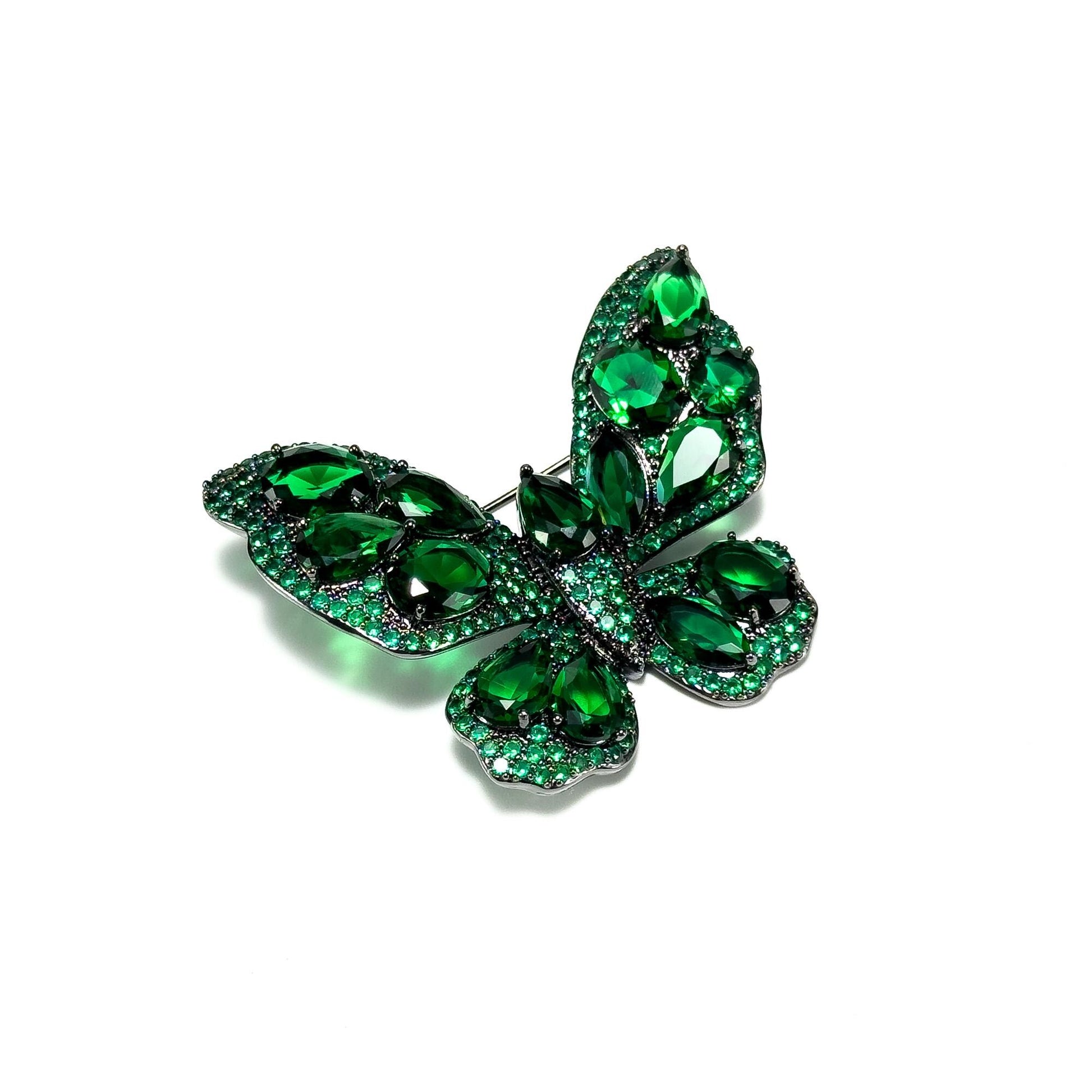 Heavy-Duty Emerald and Zircon Butterfly Brooch