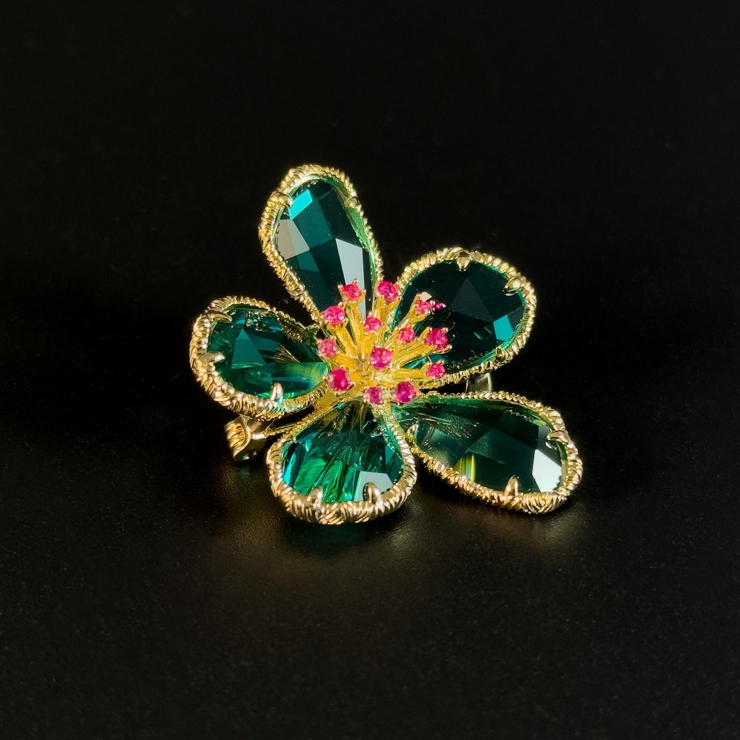 Pink Flower Stamen and Green Petals Brooch