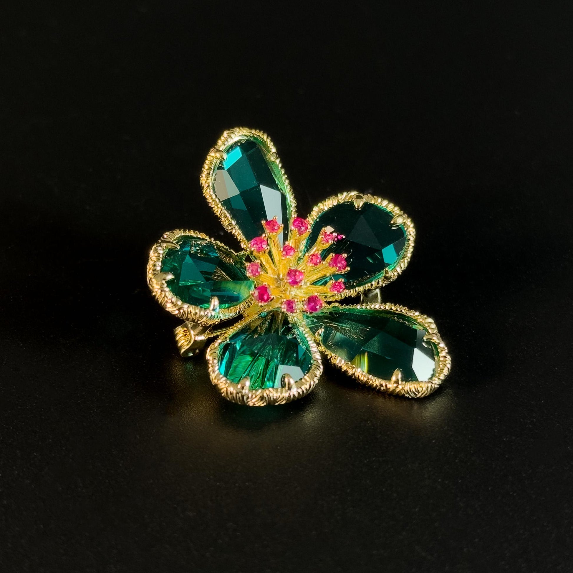 Pink Flower Stamen and Green Petals Brooch