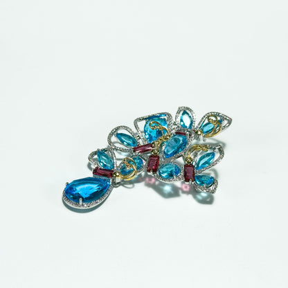 Blue Zircon Flower-Shaped Teardrop Pendant Brooch
