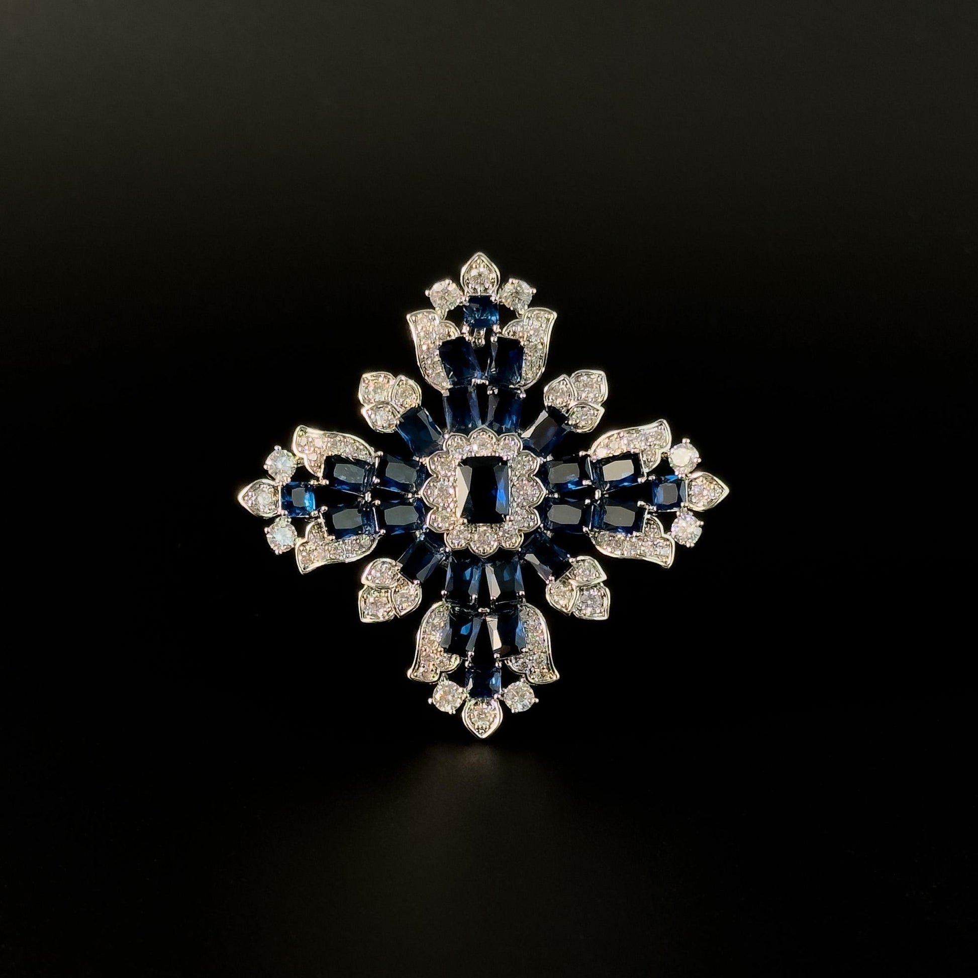 Deep Blue Zircon Cross-Shaped Brooch