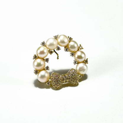 Bow and Pearl Flower Wreath Brooch