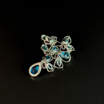 Blue Zircon Flower-Shaped Teardrop Pendant Brooch