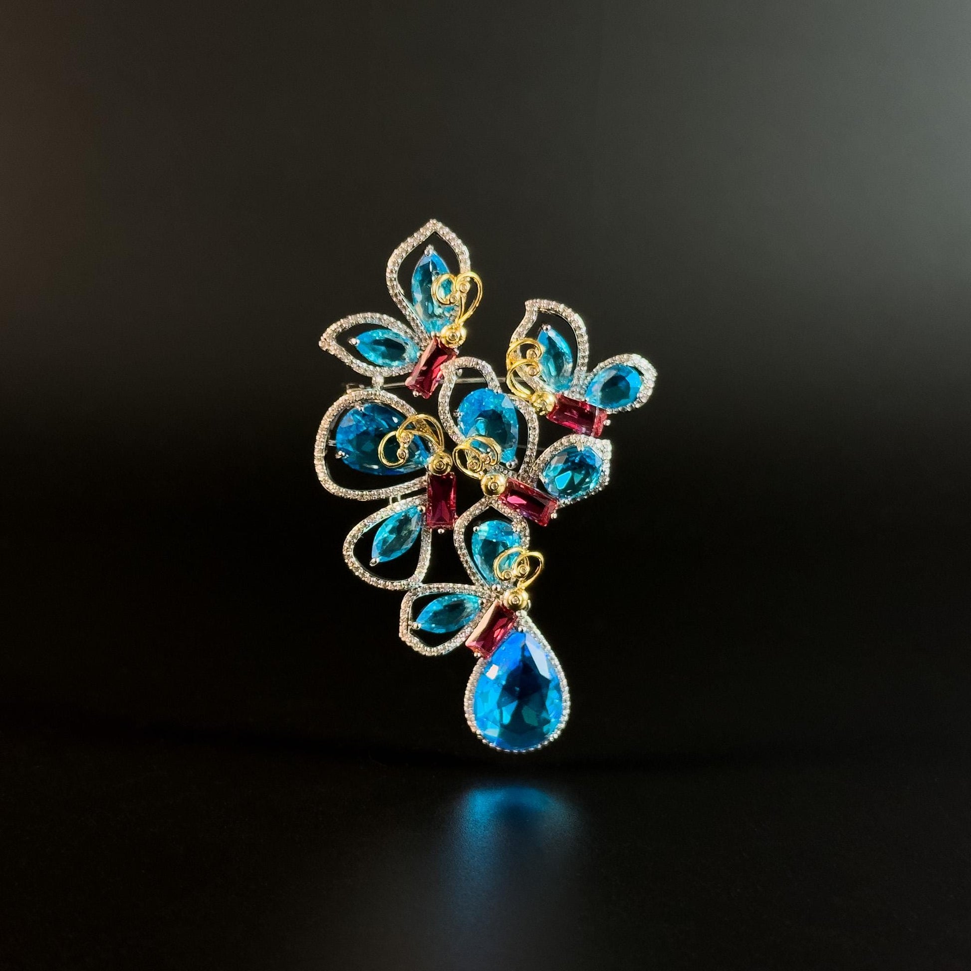 Blue Zircon Flower-Shaped Teardrop Pendant Brooch