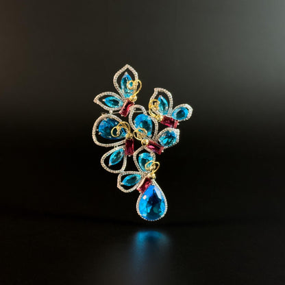 Blue Zircon Flower-Shaped Teardrop Pendant Brooch