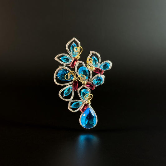 Blue Zircon Flower-Shaped Teardrop Pendant Brooch
