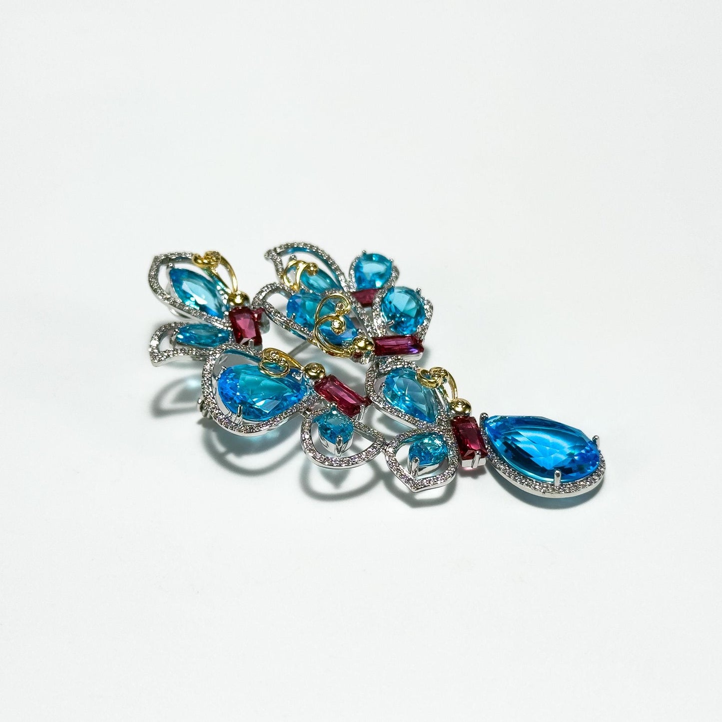 Blue Zircon Flower-Shaped Teardrop Pendant Brooch