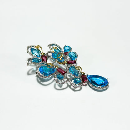 Blue Zircon Flower-Shaped Teardrop Pendant Brooch