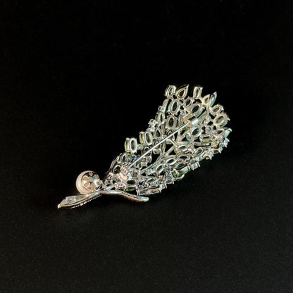 Fully Rhinestone Green Pearl Feather Brooch