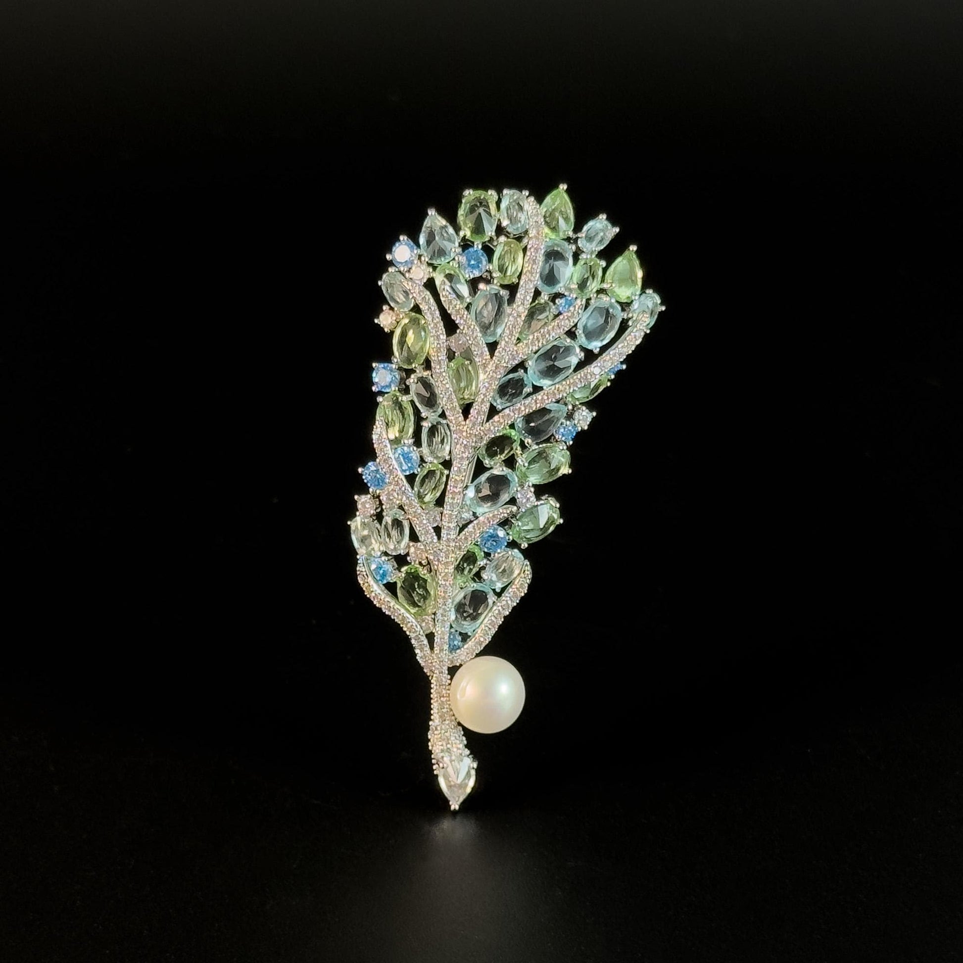 Fully Rhinestone Green Pearl Feather Brooch