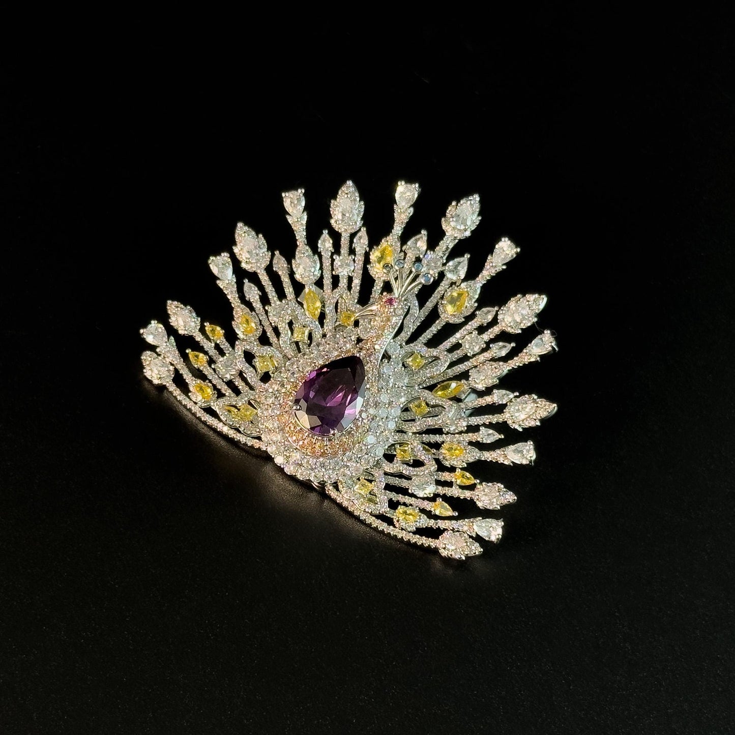 Elegant Peacock Brooch with Its Tail Feathers Spread
