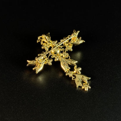 Gold Floral Pearl Cross-Shaped Brooch