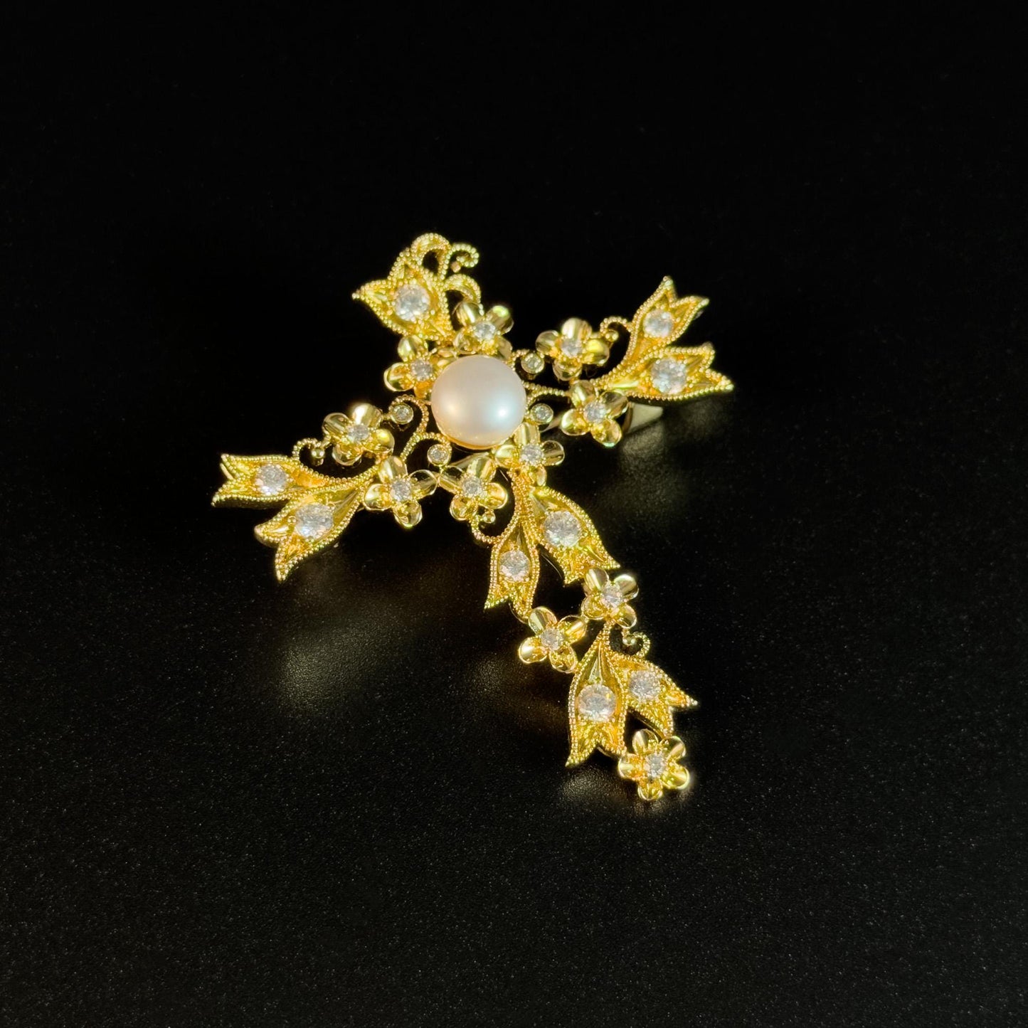 Gold Floral Pearl Cross-Shaped Brooch