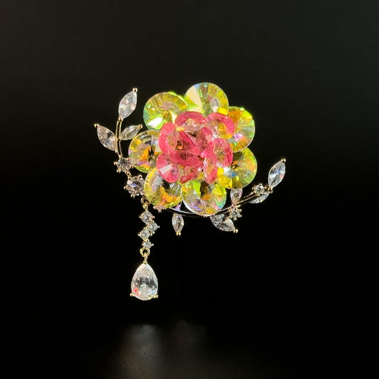 Pink Crystal Flower Pendant Brooch