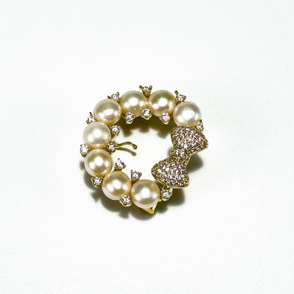 Bow and Pearl Flower Wreath Brooch