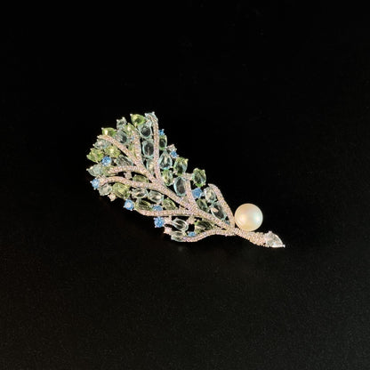 Fully Rhinestone Green Pearl Feather Brooch