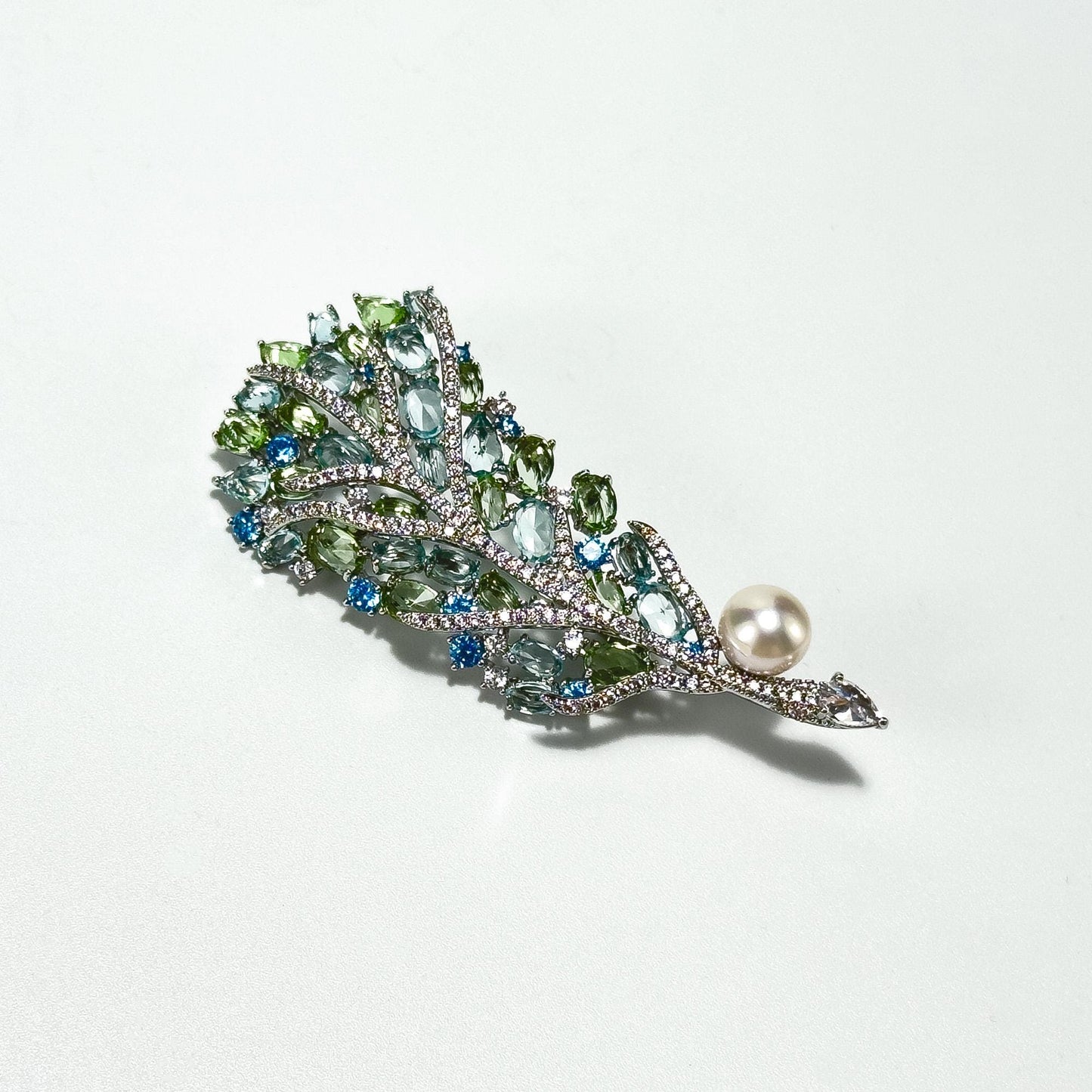 Fully Rhinestone Green Pearl Feather Brooch