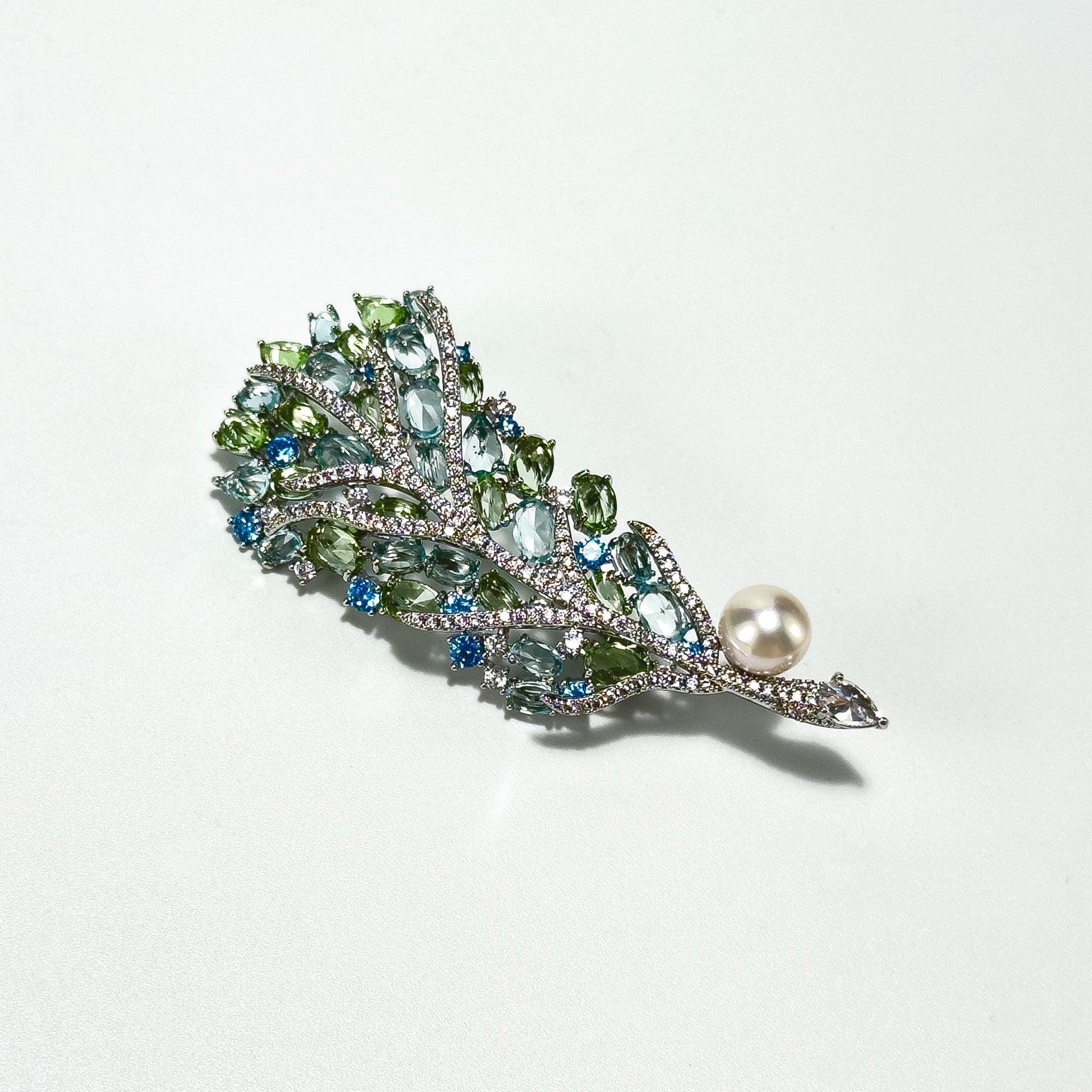 Fully Rhinestone Green Pearl Feather Brooch