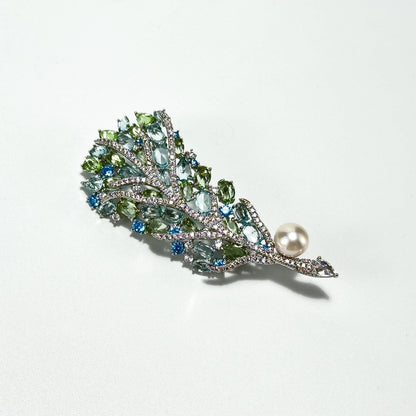 Fully Rhinestone Green Pearl Feather Brooch