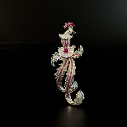 Colorful Long-Tailed Bird Brooch