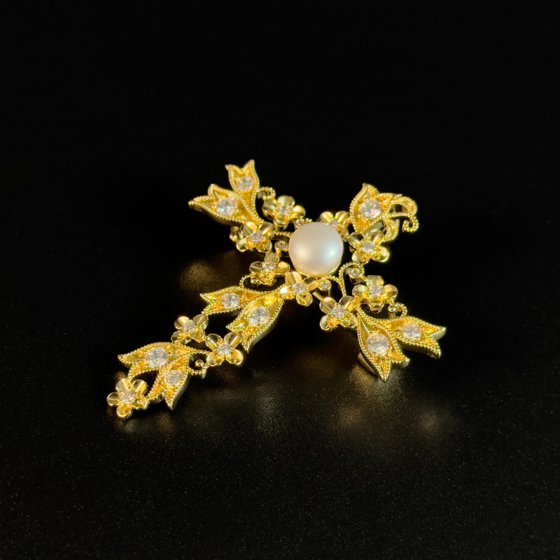 Gold Floral Pearl Cross-Shaped Brooch